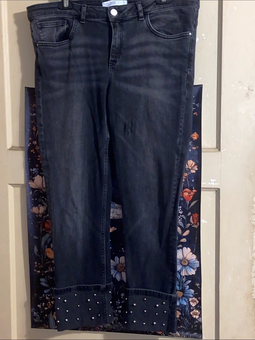 BLACK BEAD CUFFED JEANS Ankle Cropped Silver Balls ZARA BASICS